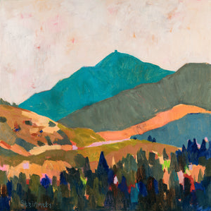 Painting of a mountain landscape with trees and a pastel background