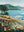 Painting of a coastal landscape with trees, water, and mountains.