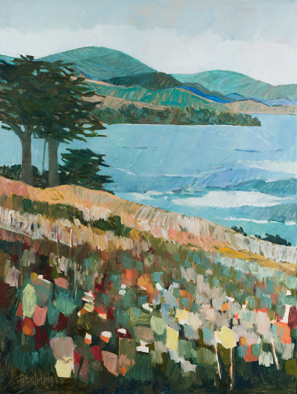 Painting of a coastal landscape with trees, water, and mountains.
