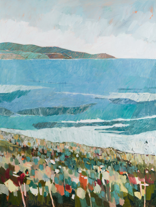 Artistic depiction of a coastal scene featuring a large body of water and mountains.