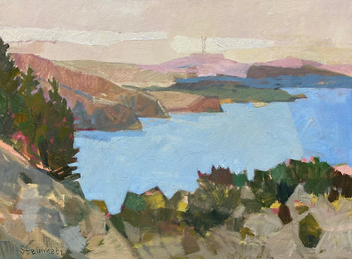 an image of an oil landscape painting from muir beach overlook in marin county, california.