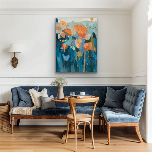 Living room with blue sofa, wooden chair, and colorful abstract painting on the wall.