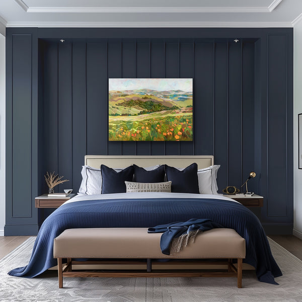 Modern bedroom with dark blue paneled walls, a bed with blue and beige bedding, and a painting above the bed.